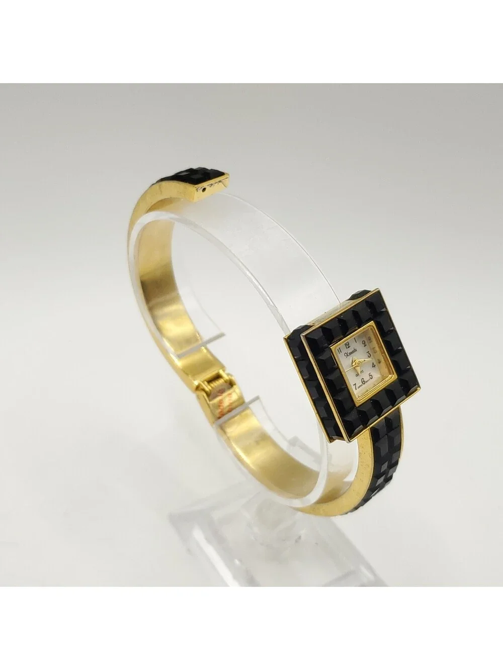 Xanadu Black Gem Gold Tone Cuff Band Womens Watch 23mm MOP Dial New Battery